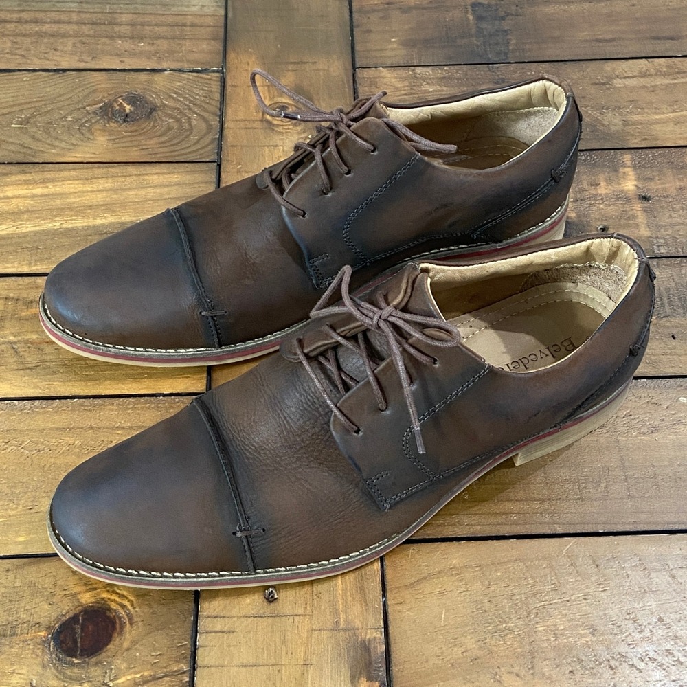 Belvedere Mens Brown Leather Cap Toe Oxford Dress Shoes Red Stripe Size 10.5